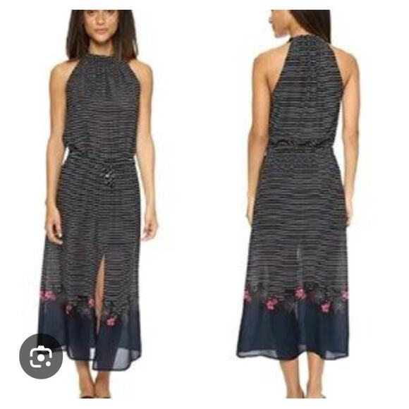 ALC 100% Silk Dress Womens 0 XS Halter Neck Long Midi Maxi Black White Stripe